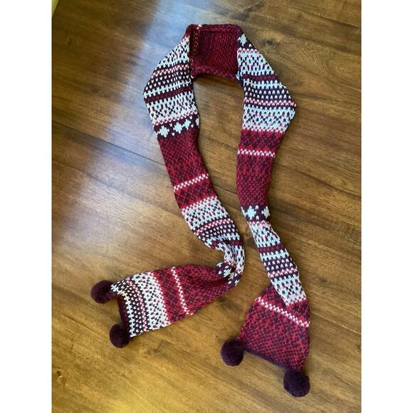 Vintage Y2K Old Navy Fair Isle Knit Scarf Plum White Red Wine Pom Poms NWT - Picture 1 of 8